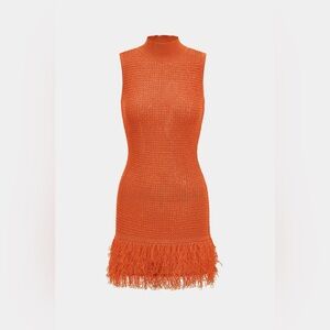 Orange Sleeveless Knit Dress with Fringe Hem M MC3